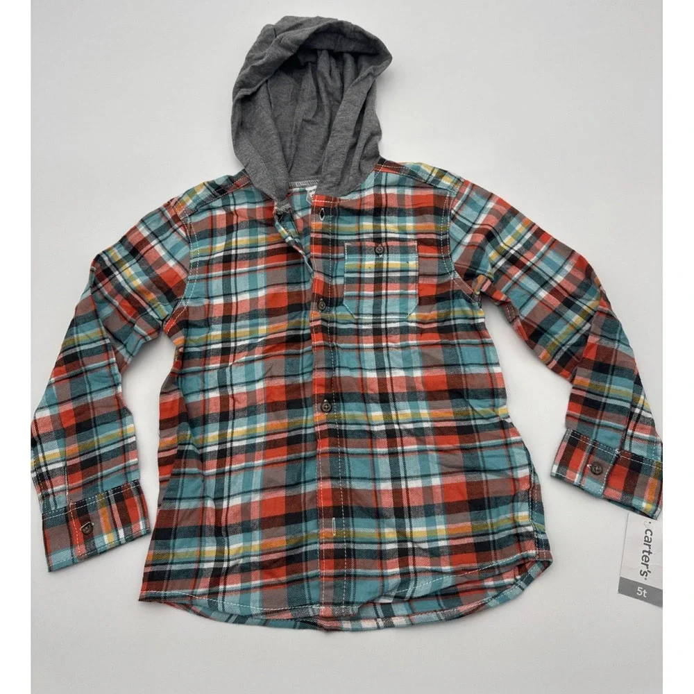 Carters Boys 5T Long Sleeve Button-Up‎ Shirt Hooded Plaid Orange Blue Yellow NWT